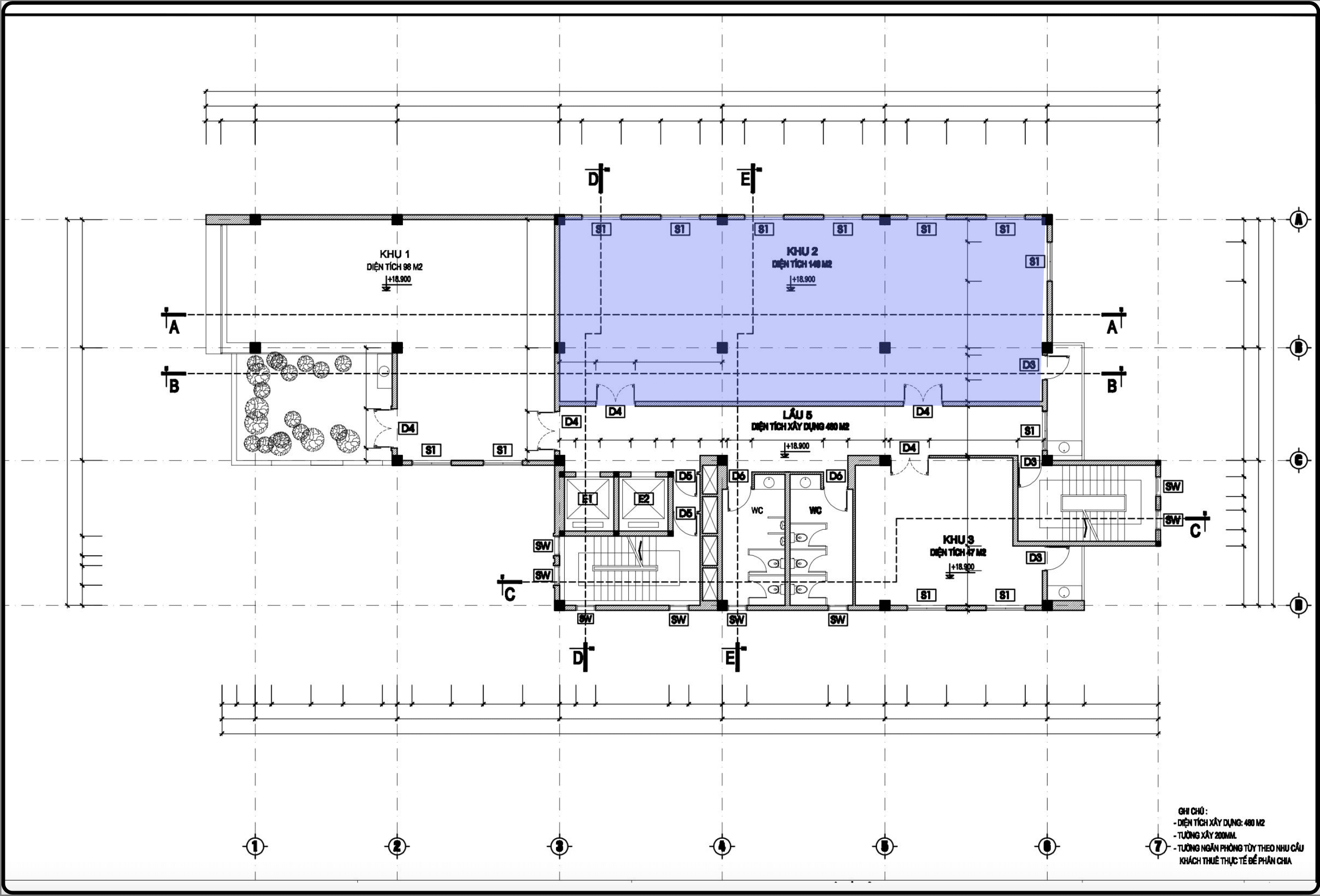 Bản vẽ khu diện tích 148m² tầng 5 tòa nhà H&T Building